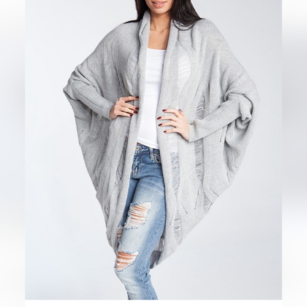 Fobya Graphite Wool-Blend Dolman Open Cardigan Distressed Medium